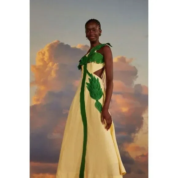 FARM Rio Palm Tree Cutwork Midi Dress Yellow XS NEW - Picture 5 of 10